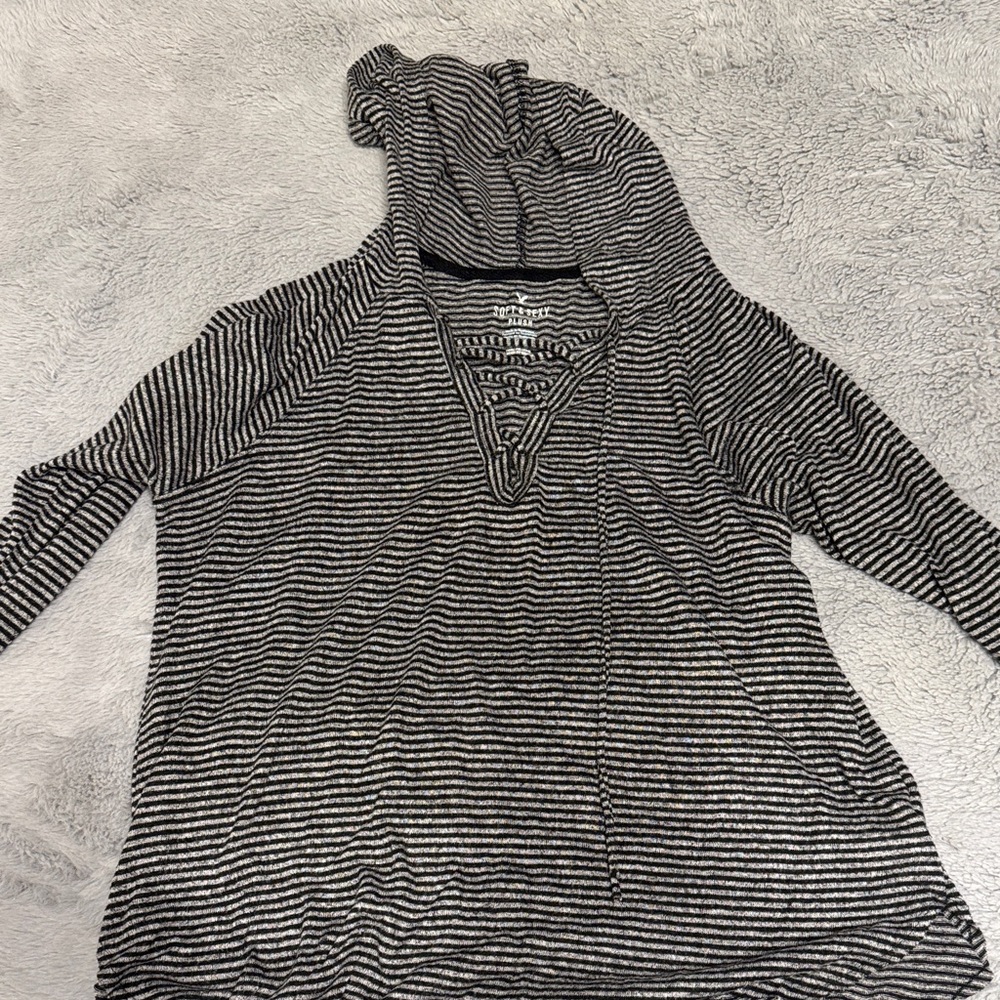 American Eagle Outfitters Black & White Striped Hooded Pullover